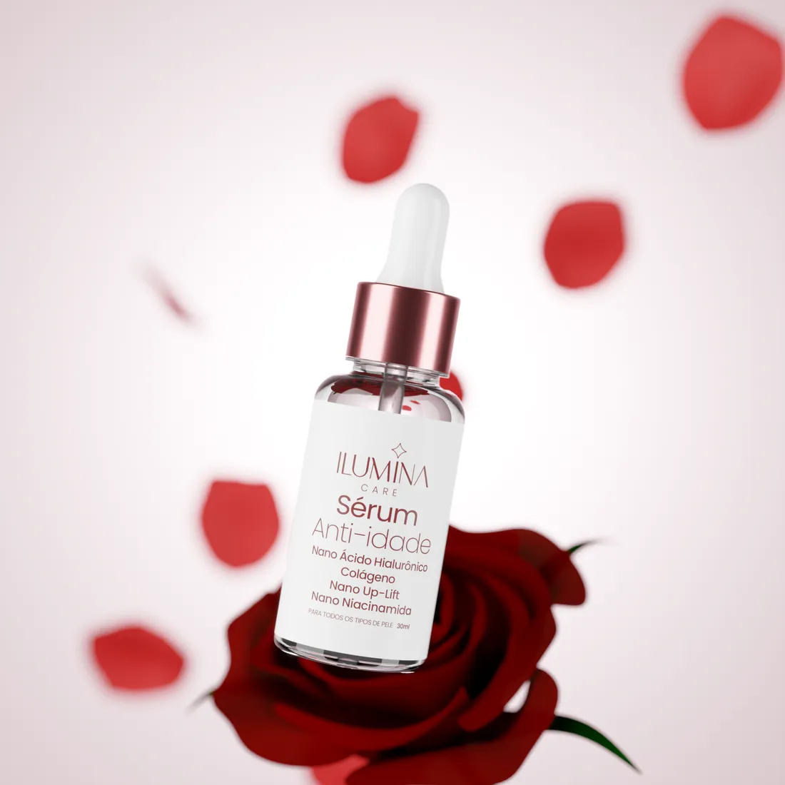 Sérum Anti-Idade entre pétalas de rosa
